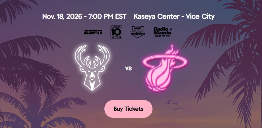 thematrek's tweet photo. Okay… this is getting suspicious 👀

A huge Vice City-themed marketing presence is now appearing right in Miami.

Miami Heat + Rockstar Games.
Vice City branding.
GTA 6.
And now imagine seeing a massive GTA 6 campaign take over a real Miami stadium…
I know it is probably just hopium.

But Rockstar… you know exactly what you are doing. 😭