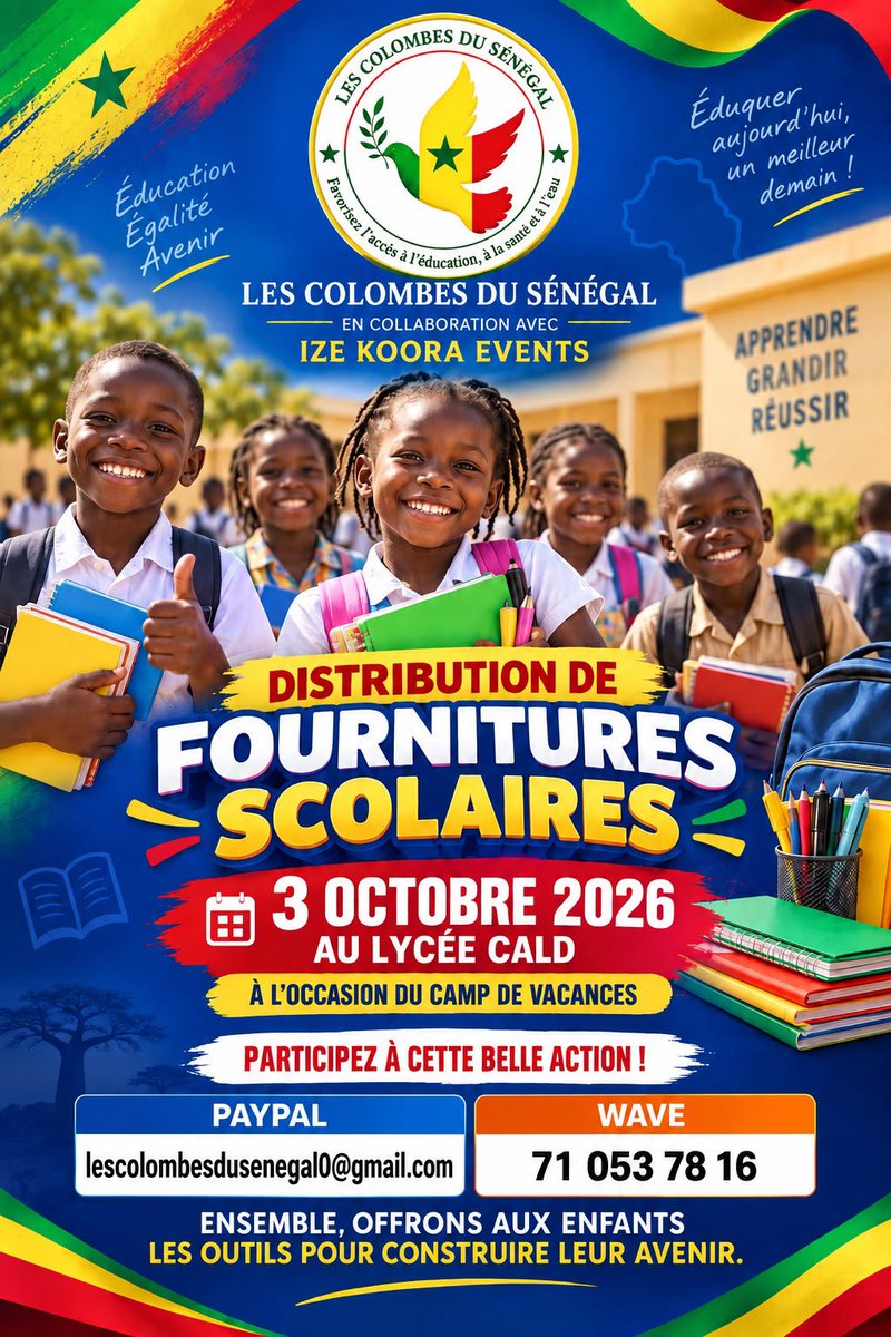 weuz13's tweet photo. 🗣️Demain le Jour J Les Colombes 🕊️ du Sénégal 🇸🇳 @lescolombesduS en Collaboration avec IZE KOORA EVENTS nous serons à Mbour pour la Distribution de Fournitures Scolaires 📚 vous pouvez toujours participer par wave au : 71 053 78 16  pour vos dons 🙏🏾Toujours pour la Bonne Cause nous agissons ❤️🙏🏾