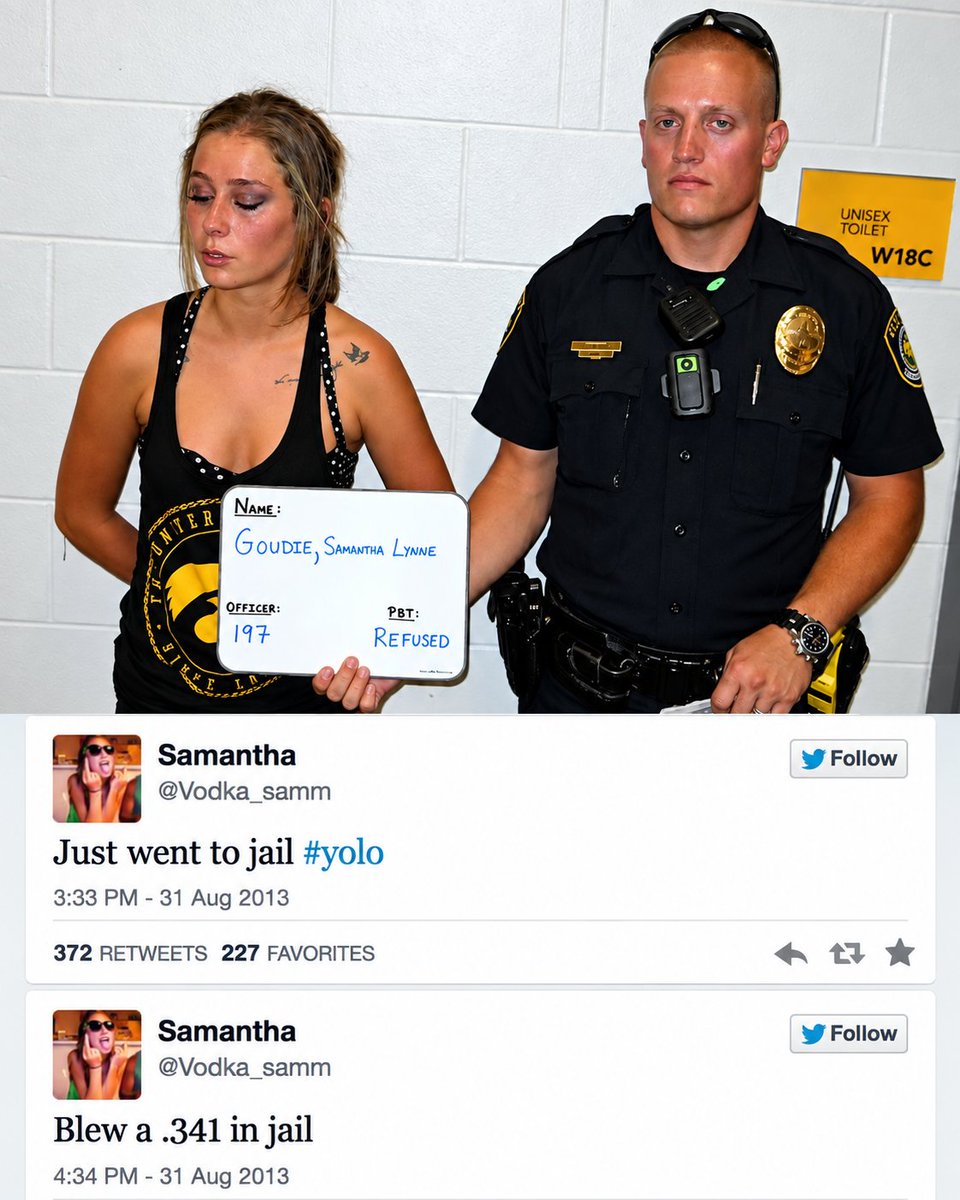 CSOonX's tweet photo. #FlashbackFriday: During Iowa's 2013 home opener against Northern Illinois, student Samantha Goudie — a.k.a. "Vodka Samm" was arrested for public intoxication and tweeted that she registered a 0.341% blood alcohol concentration (BAC).
This was a Top 10 College Football Twitter moment... 😂