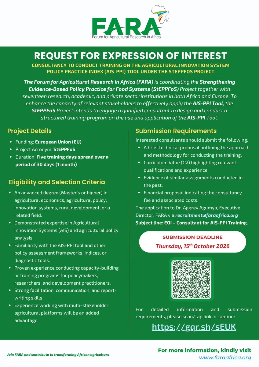 FARAinfo's tweet photo. Call for Expression of Interest
#FARA, through the #StEPFFoS Project, seeks a qualified consultant to design & conduct a 5-day training on the Agricultural Innovation System Policy Practice Index Tool.
๐
Deadline: 15 Oct. 2026
๐ https://t.co/Ys0OQfhY04
#AfricanAgriculture https://t.co/OoZmS2Xasa