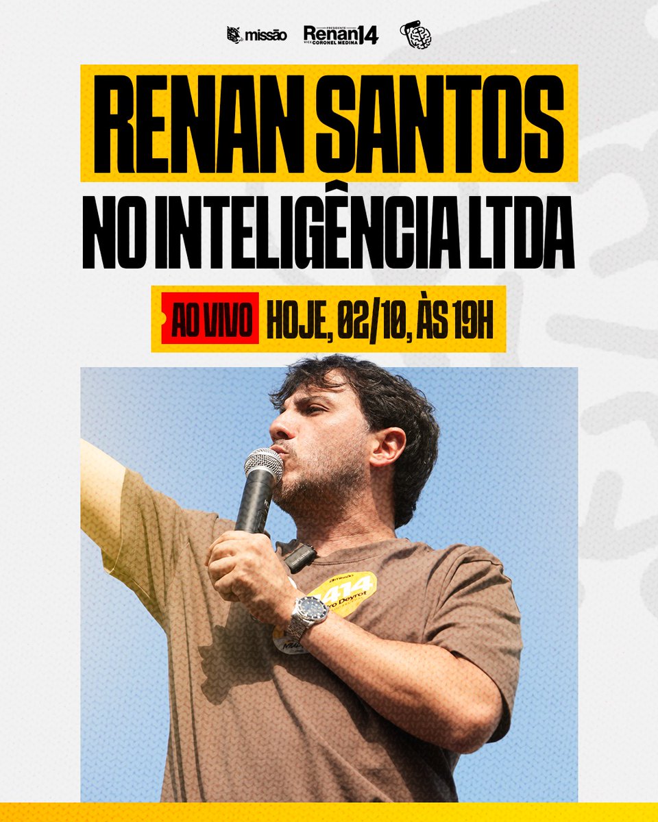 renato_battista's tweet photo. Hoje, às 19h, Renan Santos participa ao vivo do Inteligência Ltda.

📅 Hoje, 02/10
⏰ 19h
🎙️ AO VIVO NO YOUTUBE

Acompanhe a transmissão ao vivo no canal oficial do Inteligência Ltda. no YouTube. https://t.co/LAxMIAAxvt