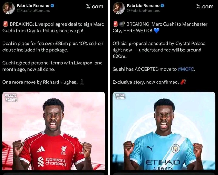 Emjenny605's tweet photo. Liverpool agree Guéhi for £35m plus a 10% sell-on. Here we go.

Next day: Guéhi to Manchester City for £20m. Here we go.

Crystal Palace turned down £35m… and took City’s £20m? Make it make sense. 😂 https://t.co/b4LGvJBVdT