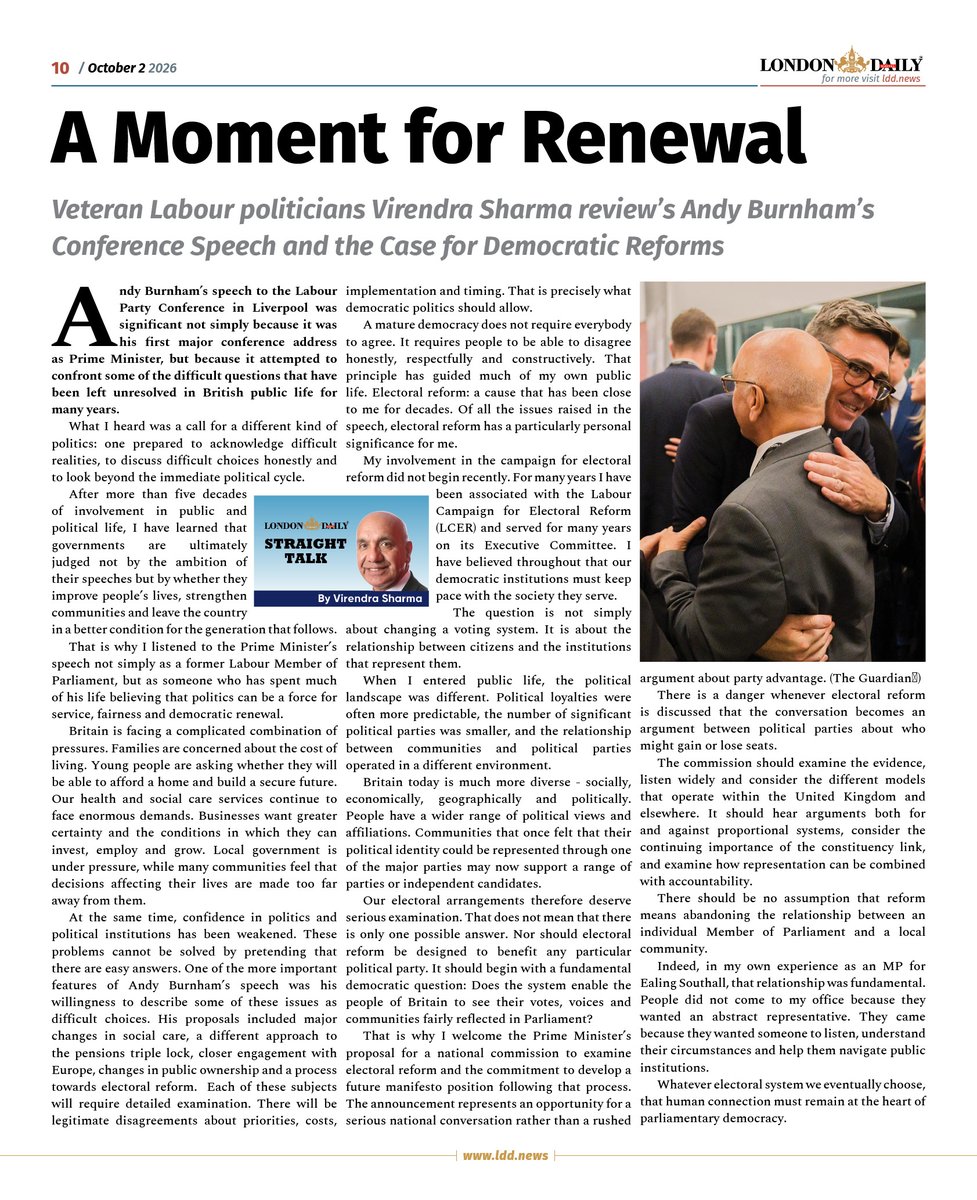 LDNDailyDigital's tweet photo. What I heard was a call for a different kind of politics: one prepared to acknowledge difficult realities, to discuss difficult choices honestly and to look beyond the immediate political cycle. - A Moment for Renewal - @VirendraSharma comment on @andyburnham's histric speech at @LabourParty  annual conference - Please read in @LDNDailyDigital -   https://t.co/qTChVY9bdb @10DowningStreet @labourpress