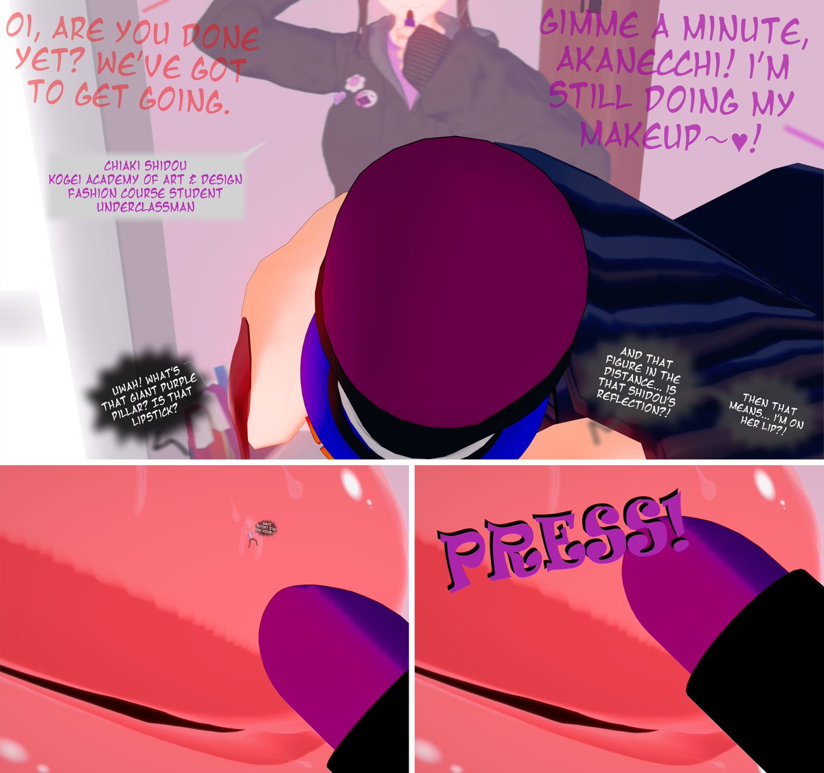 jellytea819's tweet photo. 6k Special (deviantart requests)
Chiaki's Makeup: Lipstick [Comic]
Request: Tiny stuck on lips &amp; transferred to lipstick. I was allowed to pick who but suggested purple lipstick, so I chose one of my favorite OCs - Chiaki (might make into a short series like w/ Akane's outfits!) https://t.co/k5Q1Mysupi