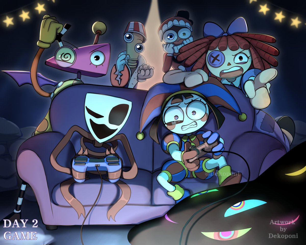 Dekoponi's tweet photo. #Digitaltober Day 2 : Game

Ready, set, GO! 🎮✨

I wonder which team is winning, hehehe~ Jax doesn't seem too impressed.

#tadc  #digitaltober2026 https://t.co/XEiT4MQRcb