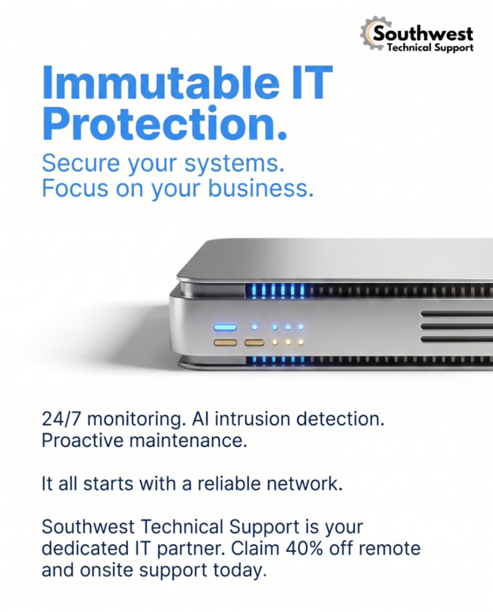 SupportSwt26513's tweet photo. Immutable protection for your business. 🛡️ 24/7 monitoring, AI-driven detection, and proactive care to keep you running. Claim 40% off support today. #ITSupport https://t.co/Jmzg44Av7b