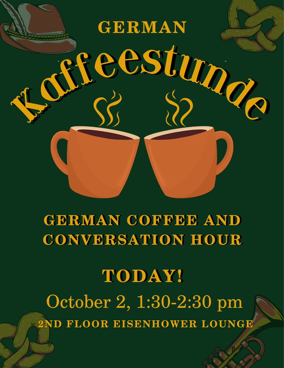 KStateModLangs's tweet photo. Join us today from 1:30-2:30 pm in the second-floor Eisenhower Lounge for our next Kaffeestunde German coffee and conversation hour! Can't wait to see you then! https://t.co/dfzdRYl6UU