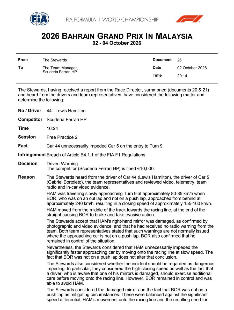 MV33Racing's tweet photo. Warning for Hamilton for impeding Gabi Bortoleto.

Warnings are meaningless when there is no clear threshold before a penalty is issued. https://t.co/pvZp314pri