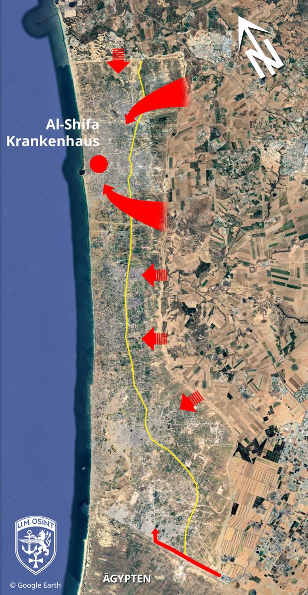 ungemeve's tweet photo. ℹ️ Gazastreifen: Kriegsverlauf, Zerstörung und Luftbilder
 
Da wir nach Millionen Pandemie-Experten und Fußballtrainern durch den Google-Luftbild-Hype gerade auch Millionen von Luftbildauswertern haben, versuche ich mal ganz grob zu erklären, was in dem Krieg überhaupt gelaufen ist.
 
Das hätte ich vielleicht längst mal zusammenfassend machen sollen.
Während große Medien ständig über die geringste Bewegung an der ukrainischen Front berichten (keine Kritik), ist das im Gazastreifen ausgeblieben. Und so hat sich bei vielen die Vorstellung verfestigt, Israel hätte dort wahllos wehrlose Palästinenser bombardiert. (Die Vergangenheitsform ist Absicht. s.u.)
 
⏺️ Zur Klarstellung ist vielleicht eins sehr wichtig zu verstehen: Ich habe immer wieder betont, wie klein der Gazastreifen eigentlich ist. (Kleiner als Köln, ca. Schwedt an der Oder.) Das sagt Laien aber auch noch nicht viel.
Würde man einen Merkava Kampfpanzer in der Mitte des Streifens an die Grenze stellen, könnte der komplett durch den Streifen durchschießen. Das Geschoss würde im Mittelmeer landen. Israel könnte Artilleriepanzer kilometerweit entfernt hinstellen, und die könnten problemlos jedes einzelne Haus im Gazastreifen treffen.
Der gesamte Gazastreifen ist eine Kampfzone. Der Frontverlauf in der Ukraine ist derzeit mindestens 55km von Donezk entfernt, der Gazastreifen würde der Länge nach da rein passen.
 
1⃣ Nach dem Massaker vom 07.10.2023 begann Israel sofort aus der Luft Ziele anzugreifen. Denn viele waren bekannt (Bunker). Kasernen oder ähnliches unterhalten die Palästinenser ja nicht, sie verstecken sich unter der Bevölkerung.
Das geschah in dieser Phase auch mit großen Bomben (Stichwort Bunkerbrecher), den 2000-Pfündern. Israel verfügt auch über 4000-Pfünder, mir ist kein Einsatz bekannt.
Diese Angriffe gingen vor allem auf Gaza-Stadt und Dschabaliya, die nördlich davon gelegene Geburtsstätte der Hamas.
Die Völkermord-Vorwürfe begannen übrigens am 08.10.2023.
 
2⃣ Ende Oktober begann Israel dann mit einer groß angelegten Bodenoffensive. (Bild 2) Die IDF versuchten in einer Zangenbewegung vermutlich das Hafenviertel Rimal zu erreichen.
 
🔴 Und jetzt kommt etwas sehr Entscheidendes: Sie haben die Orte nicht besetzt, sondern haben sog. „Raids“ durchgeführt. Was bedeutet, sie sind rein und wieder raus.
Das war vermutlich der größte Fehler, der sich durch den ganzen Krieg zog. Und er hat vielen Soldaten das Leben gekostet. Denn sobald sie weg waren, sind die Hamas, der PIJ und andere wieder in die Gebiete eingesickert.
 
Beim al-Shifa Krankenhaus waren sie mindestens drei Mal. Und bei einer dieser Offensiven wurde die von der Propaganda instrumentalisierte Hind Rajab getötet, deren Eltern mitten in einer solchen (angekündigten) Offensive da rumkurvten.
 
Man sollte mit seinem Urteil vorsichtig ein. Denn auch israelische Generäle machen sowas ja nicht aus Spaß an der Freude.
Die IDF sind eine Wehrpflichtigen-Armee. Was bedeutet, jeder Soldat fehlt in der Wirtschaft. Und 300.000 Eingezogene spielen bei einem Zwergstaat von 10 Mio eine gewichtige Rolle.
Im Gegensatz zu vielen Unkenrufen bin ich der festen Überzeugung, die IDF könnte den Gazastreifen gar nicht vollständig halten, selbst wenn sie wollten. Was die durchgeknallten Rechtsradikalen wie Smotrich da ständig faseln, sind feuchte Träume, aber mehr auch nicht.
 
3⃣ Die nächste Phase begann dann etwa ab Februar. (Aus dem Kopf, ich tippe das hier ohne Recherchen, für Laien.) Die IDF begannen sich auch in den Süden zu orientieren, vor allem nach Chan Yunis und Rafah.
Vermutlich wurde dort klar, dass viele Kombattanten aus Gaza-Stadt ausgewichen sind und in den Süden gegangen sind. Auch deshalb war es für die IDF sehr wichtig, die Salah al Deen („Saladin“) zu erreichen. Die breite Straße zieht sich vom Norden bis ganz in den Süden. Sie ist eine gute Orientierungshilfe, um das besser zu verstehen. (Bild 1, gelb)
 
4⃣ Ab da wurde klar, dass Rafah an der Grenze zu Ägypten ein neuralgischer Punkt ist. Stark untertunnelt, um Leute raus und Waffen rein zu schmuggeln. Also sind die IDF im Mai 2024 entlang des Philadelphi-Korridors - also wirklich unmittelbar an den ägyptischen Grenzbefestigungen lang - nach Rafah vorgestoßen. Dort wollten sie sich nicht mehr zurückziehen.
Und dort gab es sehr starke Gefechte, da die Palästinenser diesen strategisch wichtigen Punkt verteidigen wollten. Und dort wurde Ende Oktober 2024 auch der damalige militärische Anführer Yayha Sinwar getötet.
 
▶️ Wenn man das weiß, erklärt sich die Zerstörung im Gazastreifen fast von selber.
Rafah ist quasi eingeebnet. Es liegt aber hinter der gelben Linie, ist also unter israelischer Kontrolle. Dort wird bereits aufgeräumt, auch Großgerät aus Ägypten ist im Einsatz.
Und das bedeutet, dass dort viele einsturzgefährdete Häuser und Tunnel gesprengt wurden. Das wurde nicht alles einfach wahllos aus der Luft zerbombt. Dort fanden Gefechte statt.
 
🔴 Nach etwa der Mitte 2025 hat im Gazastreifen keine großflächige Zerstörung mehr stattgefunden.
Der derzeitige Aufschrei um die Google Satellitenbilder ist schlicht ein Hype. Weil es 2025 schon ziemlich genau so aussah wie jetzt. Und die „gerade aktualisierten“ Bilder auch schon seit Monaten online sind.
 
5⃣ Im Oktober 2025 wurde die derzeitige Waffenruhe vereinbart. Die Geiseln wurden ausgetauscht, die IDF haben sich hinter die gelbe Linie zurückgezogen, es finden keine Offensiven mehr statt. Trotzdem ist weiterhin Krieg.
In der nächsten Phase hatten die Palästinenser zugesagt, die Waffen abzugeben. Die IDF sollten sich komplett zurückziehen. Nur kurz danach haben mehrere Vertreter der Hamas aber gesagt, sie seien bereit die Waffen niederzulegen, aber nicht abzugeben. Und es fanden und finden vereinzelt weitere Angriffe auf IDF statt. Die IDF und der zuständige Geheimdienst Shin Bet sehen sich also so lange nicht in der Pflicht und jagen weiterhin Kommandeure und alle, die am 07.10.2023 teilgenommen haben. Diese werden aber nicht „weggebombt“, sondern durch Drohnen und kleine Raketen eliminiert.
 
Ich hoffe, ich konnte zumindest eine Social-Media-konforme, kurze Übersicht geben. Und damit etwas Orientierung.
 
🔴 Nach wie vor werden von der Propaganda ausschließlich Bilder der am schlimmsten zerstörten Stellen gezeigt. Es steht aber jedem frei, sich selber diese Bilder anzuschauen. Und mal mit meinen (auf die Schnelle gestrickten) Karten abzugleichen. (Bild 3) Und dann wird er schnell sehen, dass vor allem Rafah und die Gebiete der Zangenbewegung in Gaza-Stadt stark zerstört sind, und in der Mitte ganze Innenstädte ziemlich intakt und funktional sind. (Bild 4) Und dass auf israelischer Seite viel kaputt ist, das dort aber auch (!) an den Aufräumarbeiten liegt, und dort sogar landwirtschaftliche Flächen bewirtschaftet werden. Die auch gewässert werden müssen.
 
▶️ Übrigens: Saison ist dort von etwa Dezember bis Mai. Was bedeutet, nur dann sieht man auch das Grün. Außerhalb der Saison ist es Wüste.
Da im arabischen Kulturraum (bis nach Andalusien heute) Häuser von außen selten verputzt werden – das hätte bei dem Sand eine kurze Lebensdauer: außen pfui, innen hui) sieht es für viele Europäer alles eintönig, kaputt und sandfarben aus. Zumal auch viele Häuser Aufbauten auf den Dächern haben, zur Bewirtschaftung. (Generatoren, Wassertanks, Solar, etc.) Was bei einer Standard-Auflösung von 30cm natürlich wirr aussieht. Man muss also schon etwas zoomen und auf die Straßen und Schatten achten.