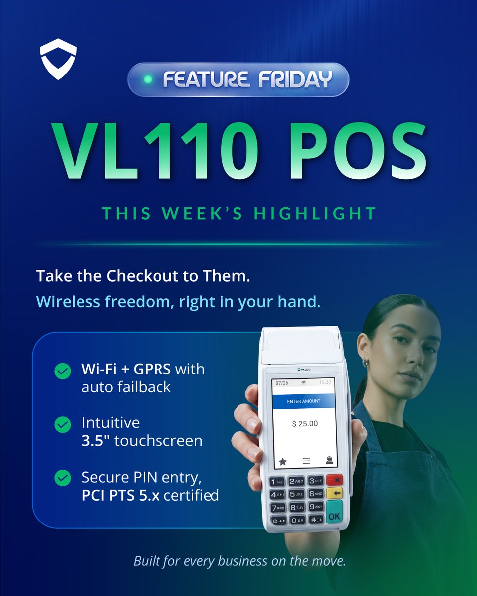 ValorPayTech's tweet photo. Who says checkout has to stay behind the counter? 📲

📶 The VL110 is a portable wireless POS with Wi-Fi + GPRS and auto failback, so your team can take the sale anywhere in the store.

Ask us how it fits your store layout.
https://t.co/vB994yjqaQ

#FeatureFriday #VL110 #POS https://t.co/UflsRv5dwL