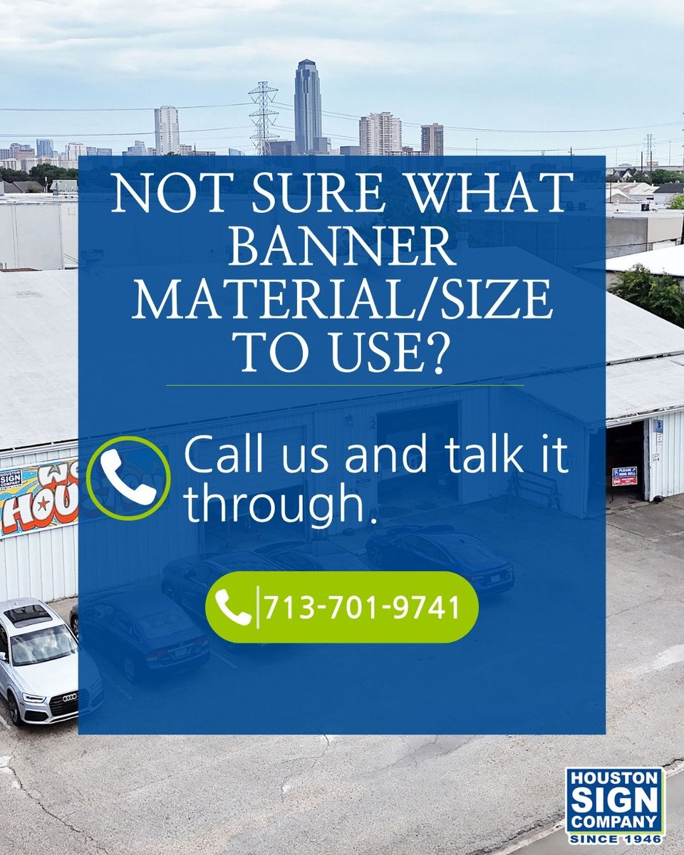 HoustonSignCo's tweet photo. Not sure what banner material or size is right for your project? No worries, we’re here to help. From choosing the right material to figuring out the best size, our team can talk you through your options and help you find what works best for your needs. Call us at 713-701-9741. https://t.co/wzCYsTK1nI