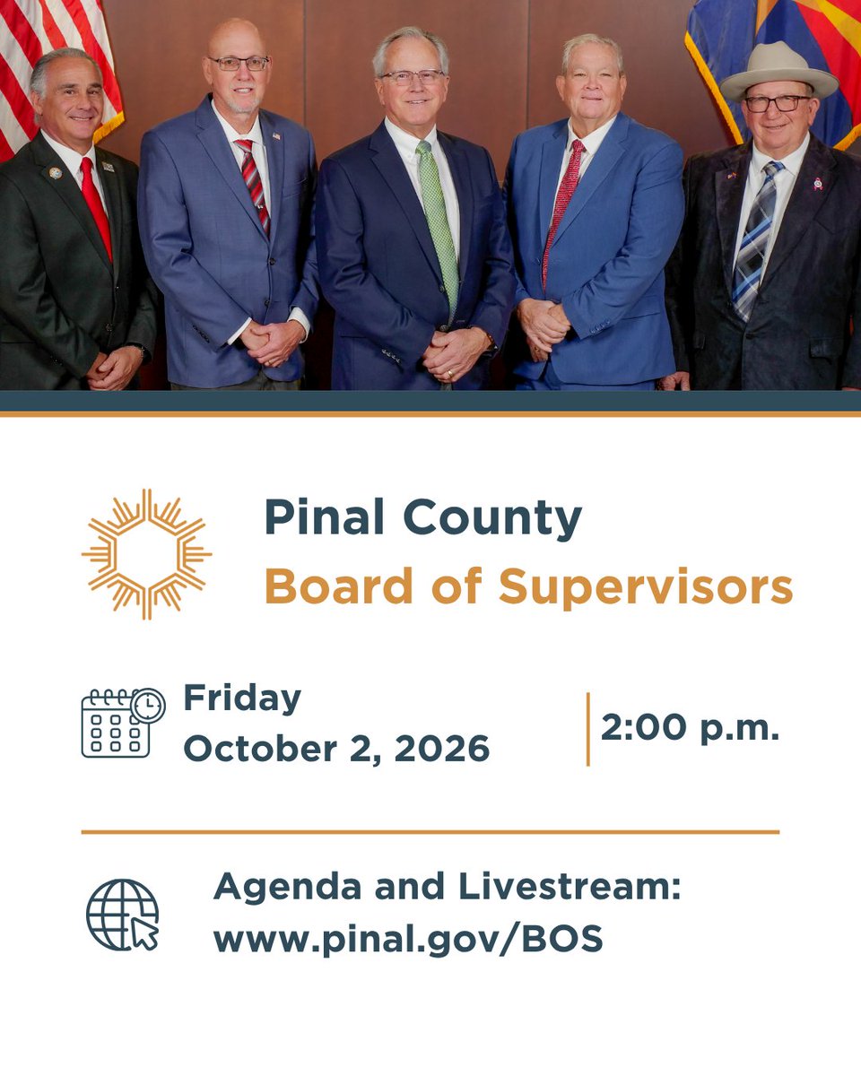 PinalCounty's tweet photo. The Board of Supervisors meets today for a special session beginning at 2 p.m. View agendas and watch the meeting live at . https://t.co/bIB2fCcwy2