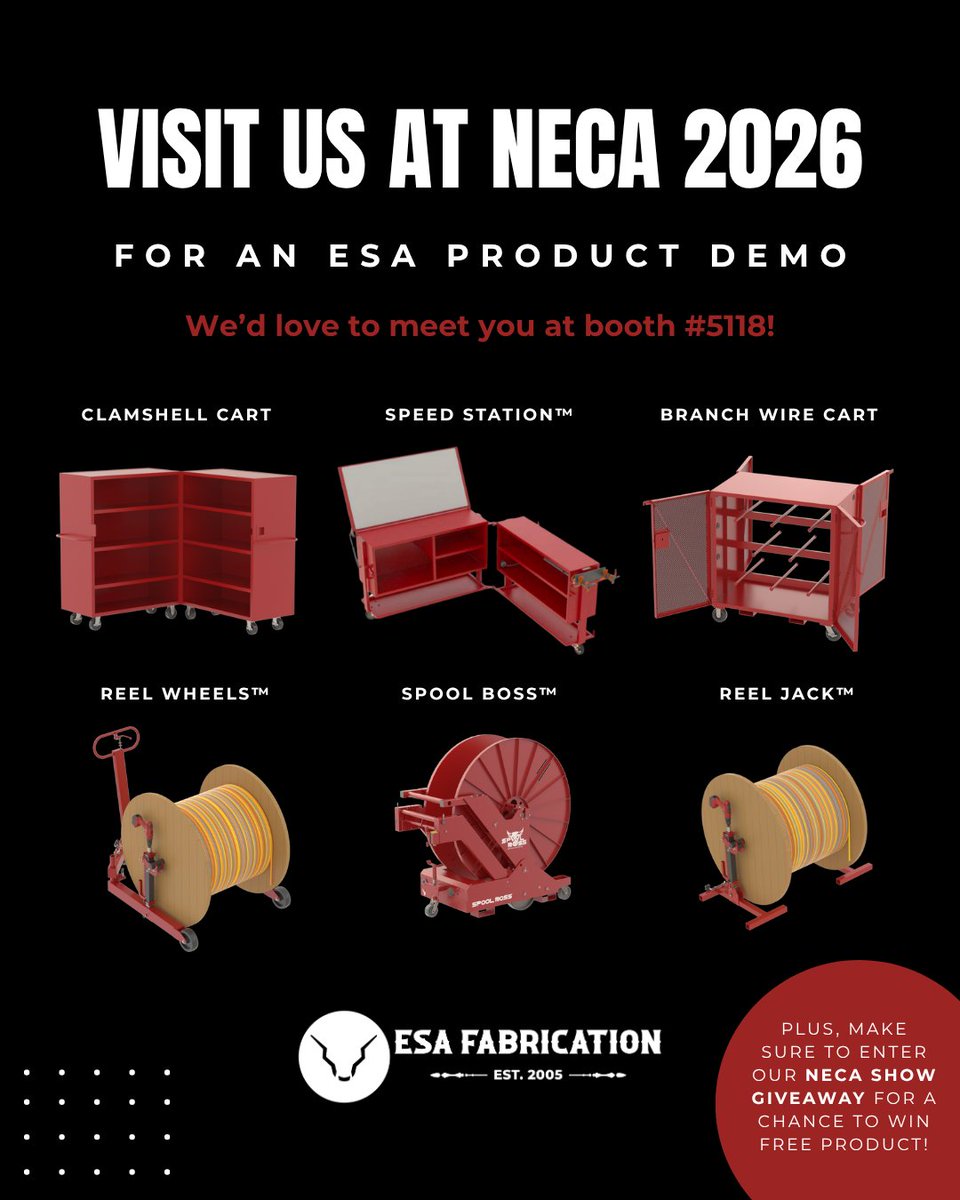ESAFabrication's tweet photo. We’re heading to NECA 2026 in Las Vegas from October 4th-7th! ⚡

Come see ESA at booth #5118 and get a closer look at some of the equipment built to make electrical jobs more efficient. We’ll be doing a giveaway at the booth, so be sure to stop by and enter while you’re there. https://t.co/i0Wxw9C17y