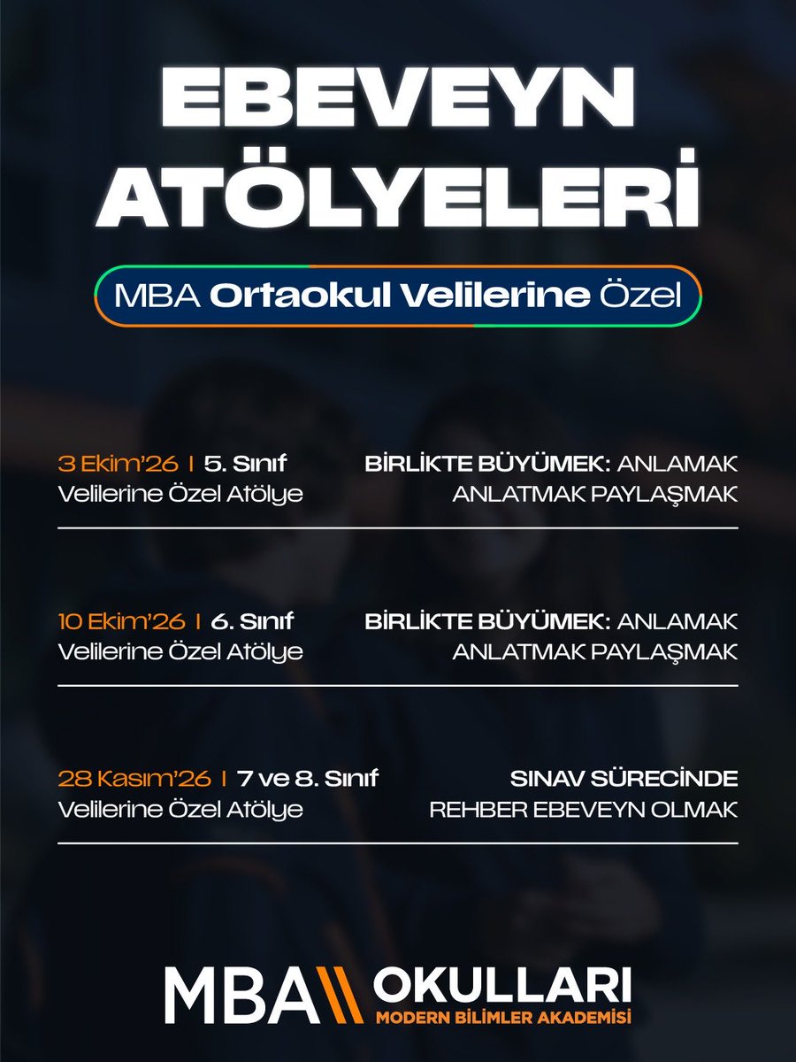 SabriyeEngin's tweet photo. Ortaokul velilerine özel Ebeveyn Atölyeleri MBA’de başlıyor!

#SenDeGel https://t.co/3FLQVTbvdZ
