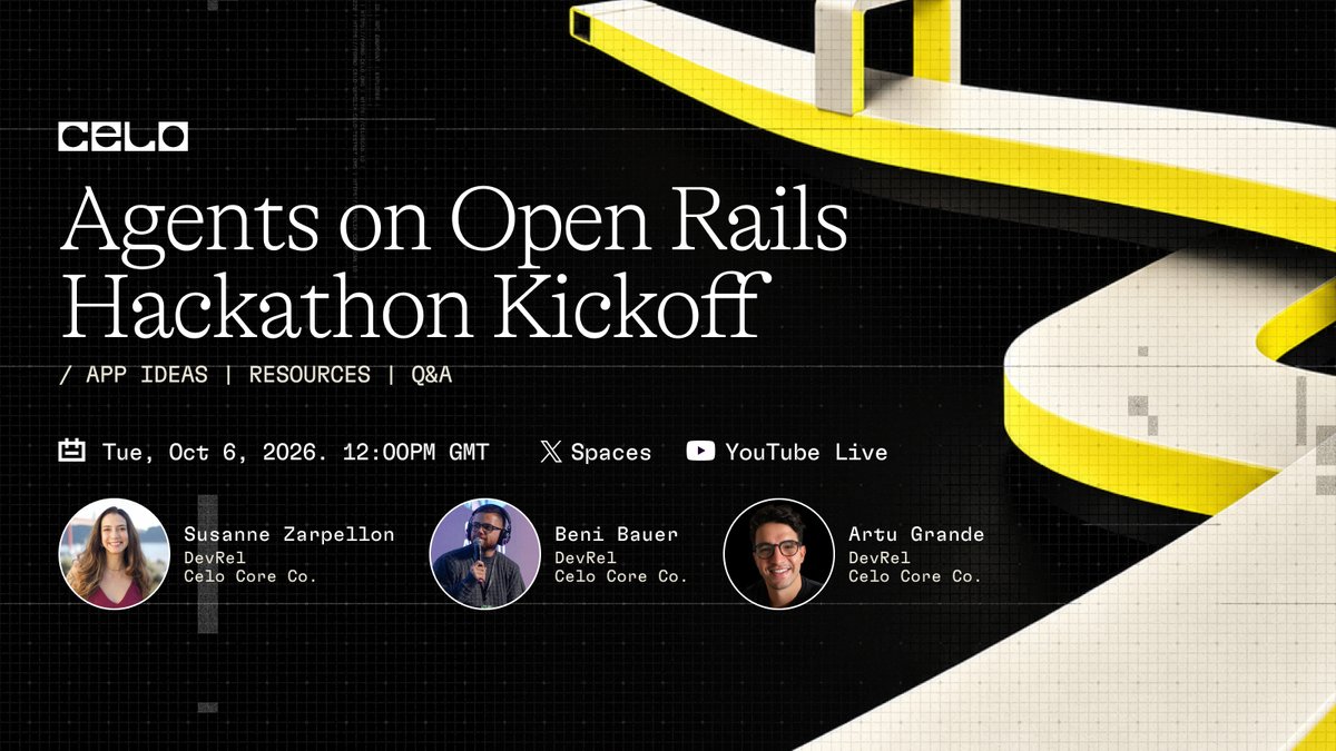 CeloDevs's tweet photo. Agents on Open Rails: the next @Celo hackathon starts Tuesday, Oct. 6th! Join our kick-off call at 12pm GMT for:

→ All three tracks &amp; incredible partners
→ How to register through Loops House
→ Best practices for your shot at the $5K bounties

RSVP: https://t.co/YLeYAffbrl https://t.co/Q90ikrFv0L
