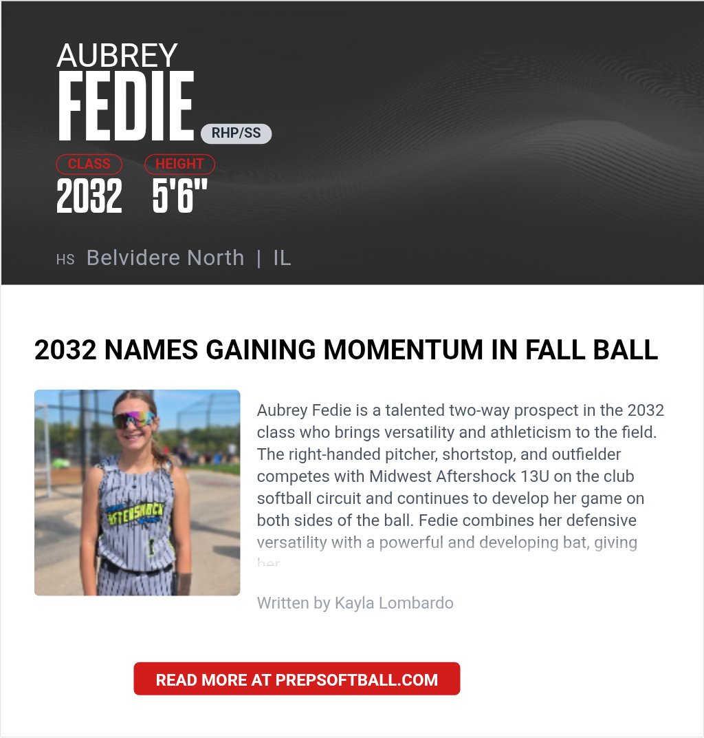 AubreyFedie's tweet photo. Honored to be included by Prep Softball as one of their upcoming fall ball standouts! 

Thank you for the recognition! Just getting started! 🥎

#PrepSoftball #FallBall #ClassOf2032 #MidwestAftershock @KaylaLombardo11 https://t.co/JuMuwcOGPu