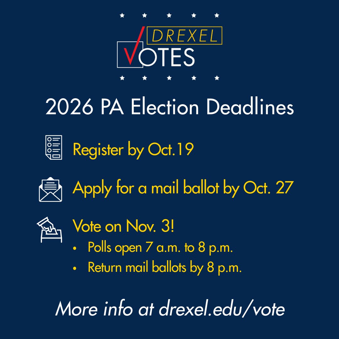 drexellibraries's tweet photo. ✅Are you ready to vote? The PA voter registration deadline is Mon Oct. 19! Whether you’re new to the state, this is your first election, or you’re a certified pro, check out the #DrexelLibraries #DrexelVotes resource guide to get ready for #ElectionDay. https://t.co/i67JWtXNLP https://t.co/5dzVD1B4OY