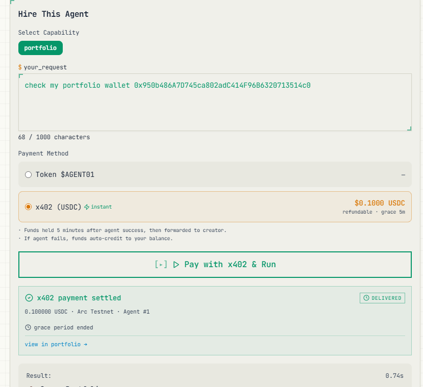 Qurve_fun's tweet photo. Just shipped: success hire agent via x402 payment 🚀

@arc Testnet + @circle Gateway = gasless, batched USDC payments for AI agents.

No gas. No middlemen. Just sign → hire → settle on-chain.

The agent economy is now live. 🤖⚡

Try now: https://t.co/nipAtPZafR https://t.co/rQyeh38vnc