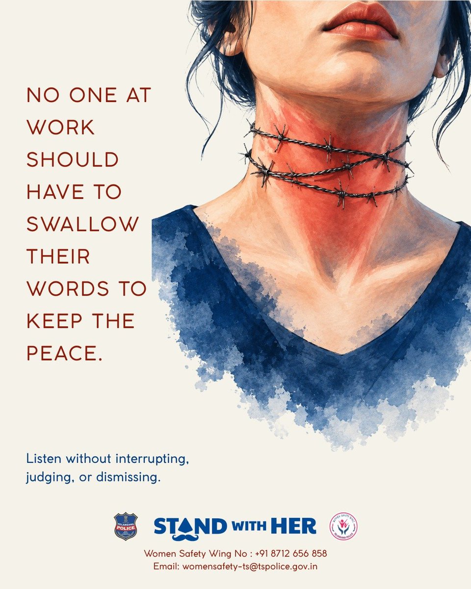 tg_womensafety's tweet photo. No one should stay silent just to keep the peace. Listen without interrupting, judging or dismissing. Every voice deserves respect.
#StandWithHer #TelanganaPolice #WorkplaceRespect
@CharuSinha_IPS @TelanganaCOPs @cyberabadpolice @MalkajgiriCop https://t.co/chUxjfupdd