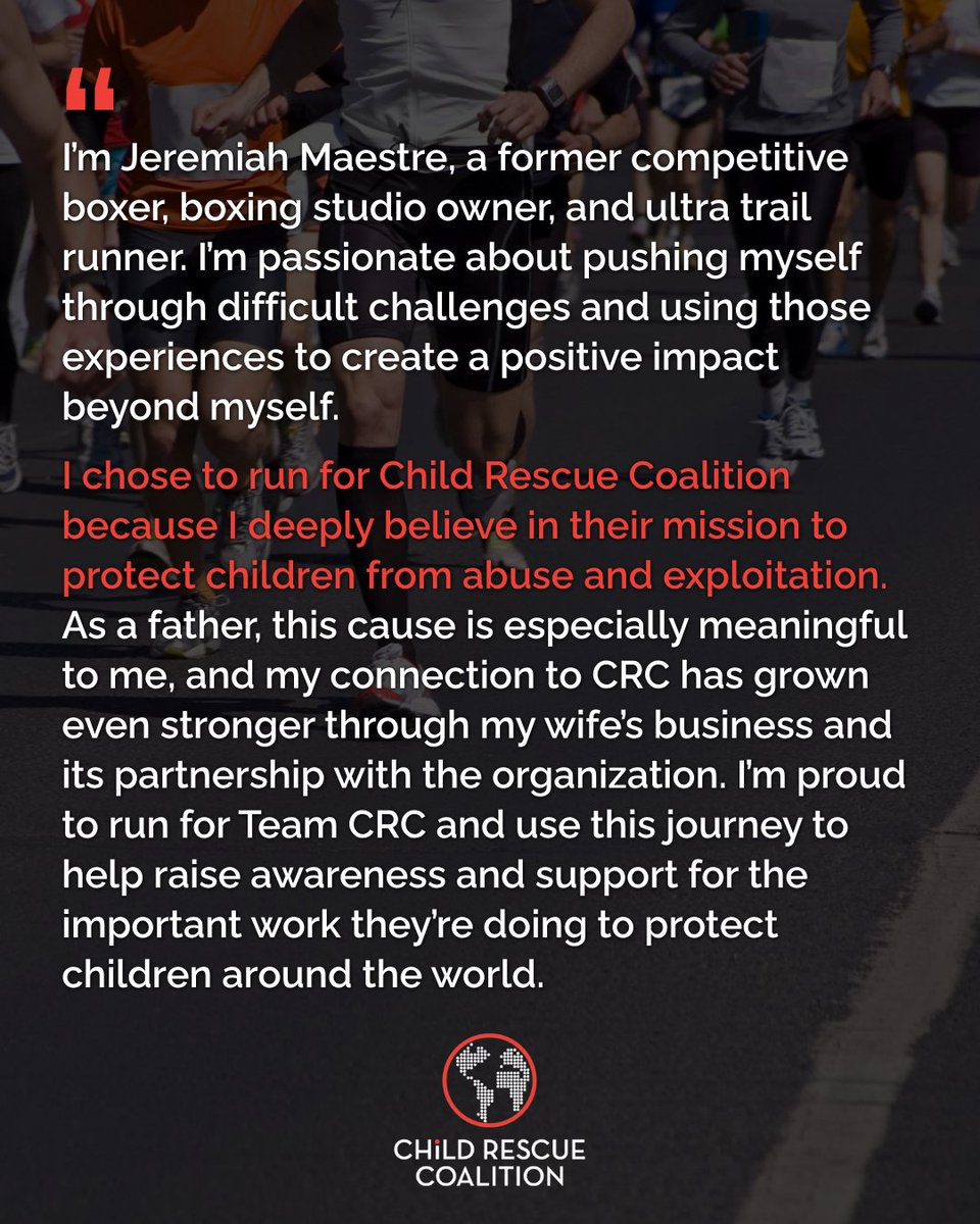 ChildRescueCo's tweet photo. Meet Jeremiah Maestre, a former competitive boxer, boxing studio owner, and ultra-trail runner. 
This year, he’s taking on the New York City Marathon as a member of Team CRC that is especially meaningful to him as a father. Support Jeremiah’s NYC Marathon:
https://t.co/n2HsJ93bDA https://t.co/VoghG5Uw1O