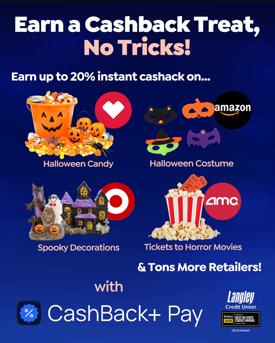 LangleyFCU's tweet photo. Earn more on all your #SpookySeason spending this October by using the CashBack+ Pay app to earn up 20% instant cashback from hundreds of your favorite retailers. Learn more at https://t.co/et5WlrEnoe https://t.co/kZD4ra0epg