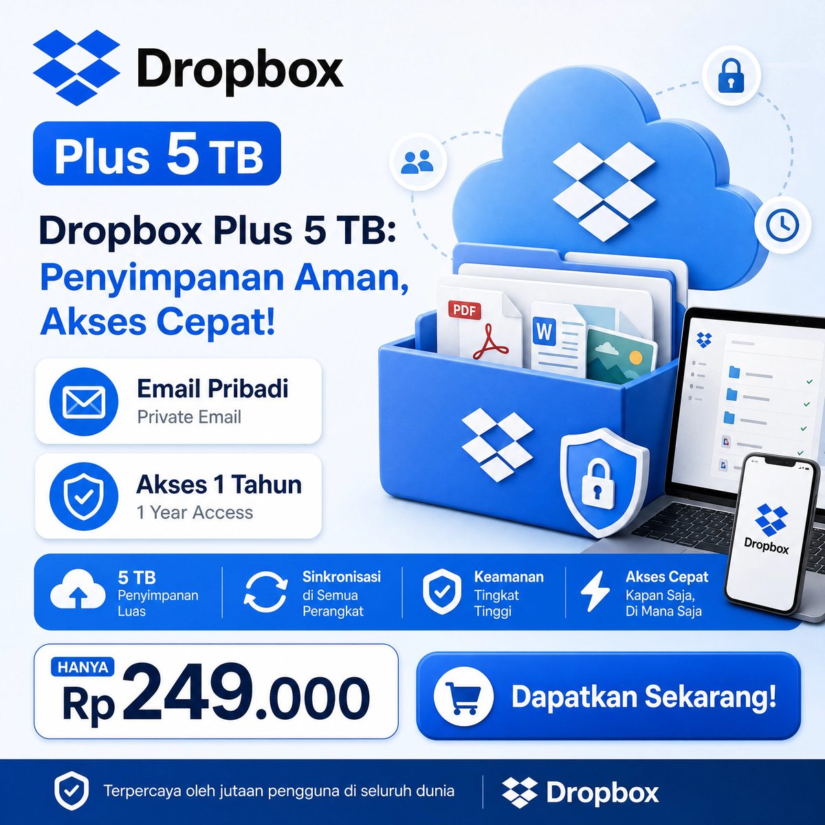 digitaleidn's tweet photo. Daripada Pusing mikirin Memori Penuh, mending Pindah ke Dropbox Plus sekarang. Kapasitas Besar hingga 5 TB!

Mau simpan Ribuan Foto, Video 4K, atau Dokumen Kerja Segudang, Hajar aja. Gak Bakal sesek Lagi.

Info Lengkapnya Cek Profile.

#cloudstorage #dropbox #akunpremium #icloud https://t.co/883ODAL9J0