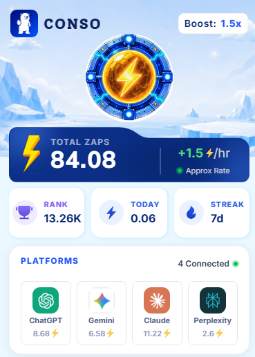 ssdrop27's tweet photo. Just started using the @conso_xyz Extension to keep track of my AI usage in one place. 📊

It makes monitoring AI activity simple and easy, while helping me understand how I use different AI tools.

If you’re using AI regularly, CONSO is worth checking out.

#CONSO #AI #AITools https://t.co/0gxUSP5p5C