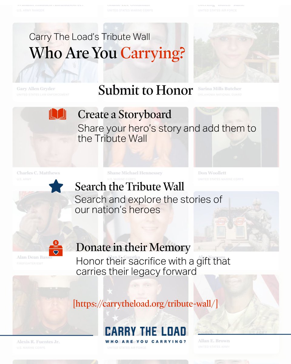 CarryTheLoad's tweet photo. The remembrance continues. ❤️
Honor your hero by sharing their story on our Tribute Wall. Their sacrifice deserves to be remembered, and their legacy deserves to live on.
Share their story anytime: https://t.co/Ct4YcYl59L 
#CarryTheLoad #Remember #SubmitYourHero https://t.co/NQtxnX9ilw