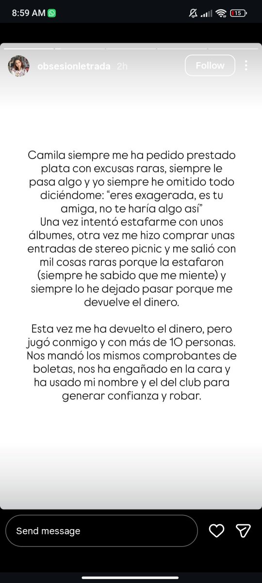itsmelicbm's tweet photo. Esta creadora de contenido colombiana se ha encargado de jugar con el sueño de muchas Armys, es una estafadora. Muchas chicas vinieron de otros países por el tour y ella no tiene ninguna boleta. Por favor compartan, esto no puede seguir pasando #BTScolombia #Estafa #ArmyColombia https://t.co/PxAtwRt0XM