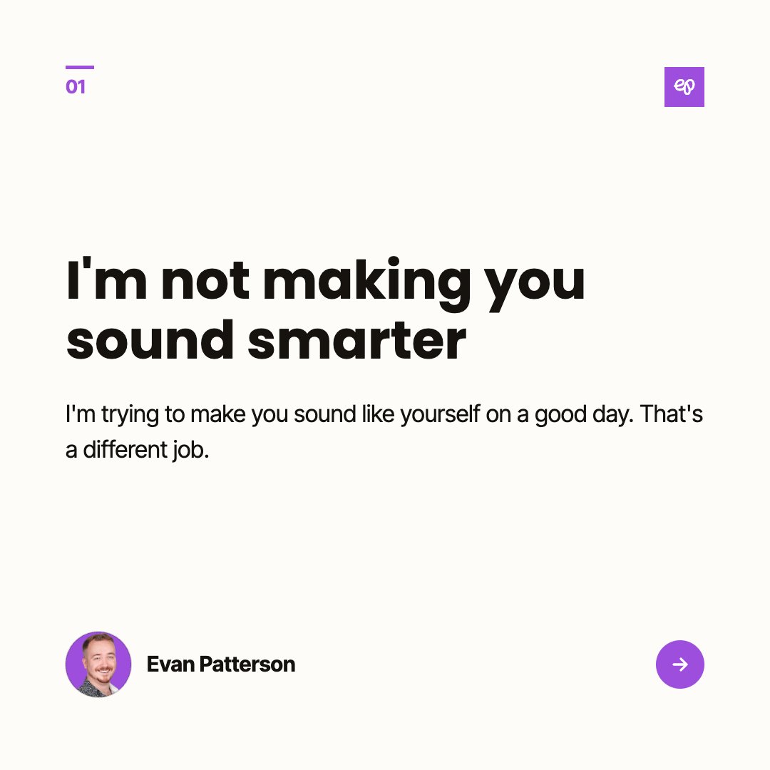 evanmpatterson's tweet photo. Ghostwriting means making you sound like yourself on a good day.

The most common problem in ghostwritten content is polish. Every sentence is smooth and nobody would ever say one out loud. Readers can't name what's wrong. They just feel it and keep scrolling. https://t.co/558CBDR7O3