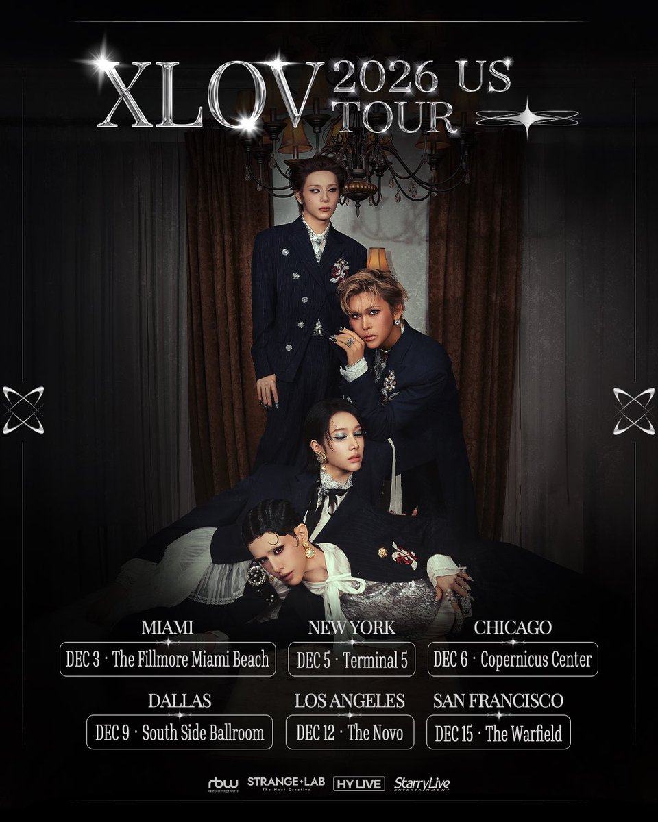 StarryLiveEnt's tweet photo. XLOV US TOUR 2026

The wait is over — and now it’s time to get ready. ⚡️

Get the full details for XLOV 1ST US TOUR — including venue information, ticket categories, and exclusive fan benefits! 🖤

📍 DEC 3 · Miami｜The Fillmore Miami Beach
📍 DEC 5 · New York｜Terminal 5
📍 DEC 6 · Chicago｜Copernicus Center
📍 DEC 9 · Dallas｜South Side Ballroom
📍 DEC 12 · Los Angeles｜The Novo
📍 DEC 15 · San Francisco｜The Warfield

From your first Soundcheck to unforgettable moments with XLOV, exclusive benefits will be waiting for you at each stop. 👀

Are you ready, EVOL?
A brand-new chapter begins now. ⚡️

Tour and ticket details coming soon.
Stay tuned.
@starryliveent | https://t.co/CgRSep6E7b

#XLOV #엑스러브
#WUMUTI #우무티
#RUI #루이
#HYUN #현
#HARU #하루
#XLOVTour2026 #XLOVUSTour #StarryLive