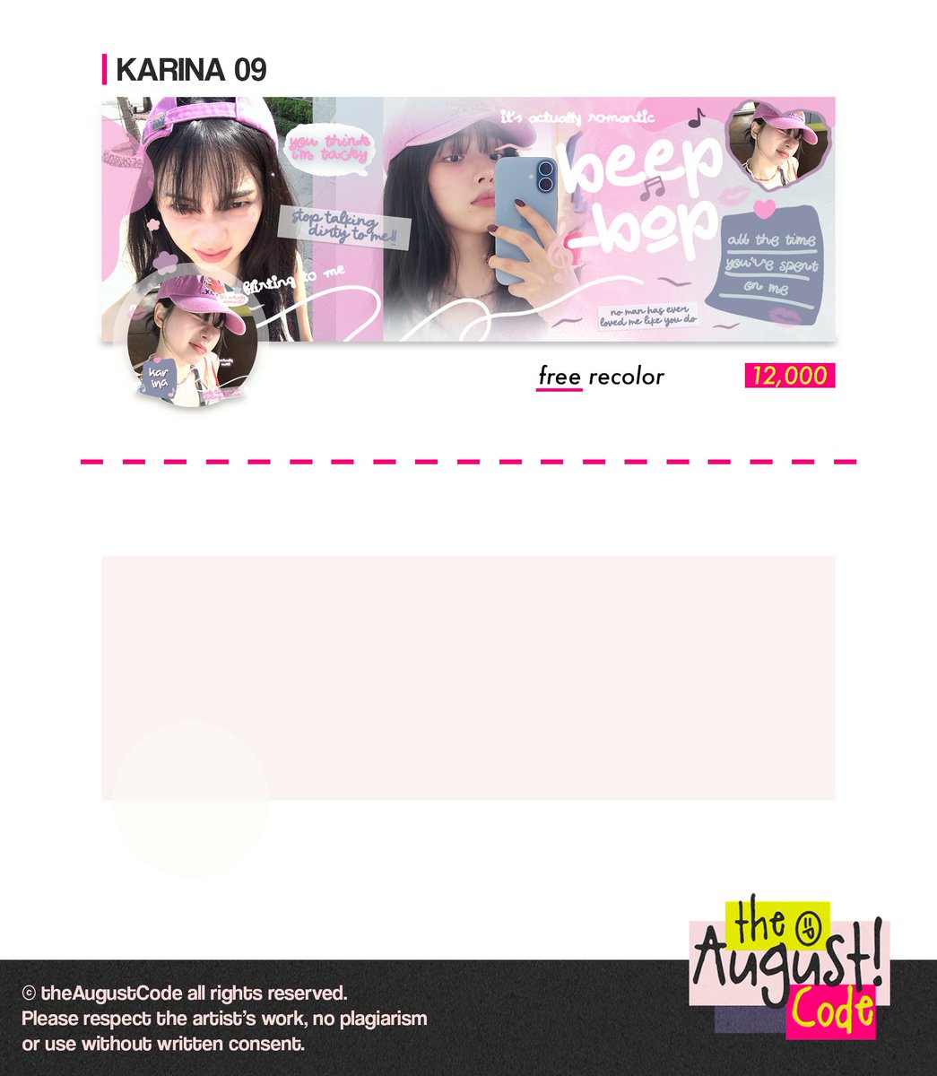 theAugustCode's tweet photo. HALOOOW!! 🐚 🏖️ 🩴

Aku kembali dengan membawa 5 layout ready stock special AESPA KARINA. Bisa langsung diangkut melalui DM yaa. 👀 💖 #bealanja

💸 10k - 15k
🎨 recolor ✅ 
📝 text replacement ✅ https://t.co/9nO4apArI0
