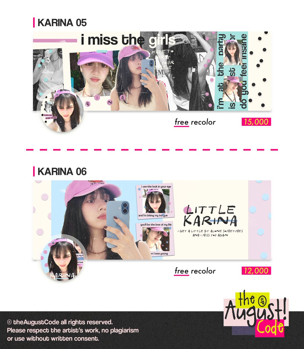 theAugustCode's tweet photo. HALOOOW!! 🐚 🏖️ 🩴

Aku kembali dengan membawa 5 layout ready stock special AESPA KARINA. Bisa langsung diangkut melalui DM yaa. 👀 💖 #bealanja

💸 10k - 15k
🎨 recolor ✅ 
📝 text replacement ✅ https://t.co/9nO4apArI0