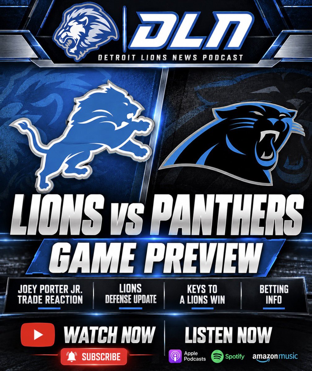 DLNPodcast's tweet photo. @JCSportsDetroit and @Section344Lions talk on DLN Podcast 

Joey Porter Jr. went to Dallas. The Lions go to Carolina.

New Detroit Lions News Podcast: Lions vs Panthers Game Preview
• Porter trade reaction
• Defense update
• Keys to a Lions win
• Betting info

Watch/Listen here: https://t.co/sC8Lk7WiuP

LISTEN HERE TO OUR PODCASTS ⬇️ 
Spotify ;  https://t.co/AV2XTcDgVC

Apple; https://t.co/AbODc9rVh2