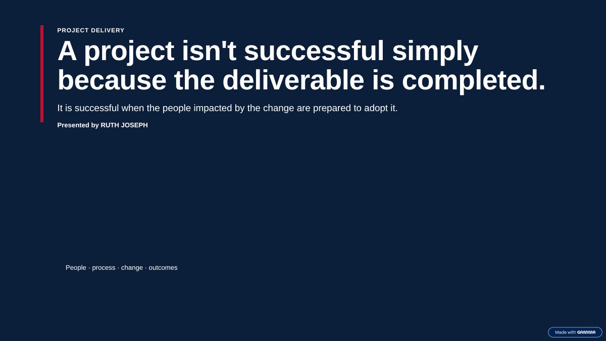 jay_ruchy's tweet photo. A recent reflection from my continued development in project management.

The more I work on projects, the more I appreciate that effective delivery requires looking beyond tasks and timelines.

I captured one perspective that stood out to me in the slides.

#ProjectManagement https://t.co/cSAeJvWp4R