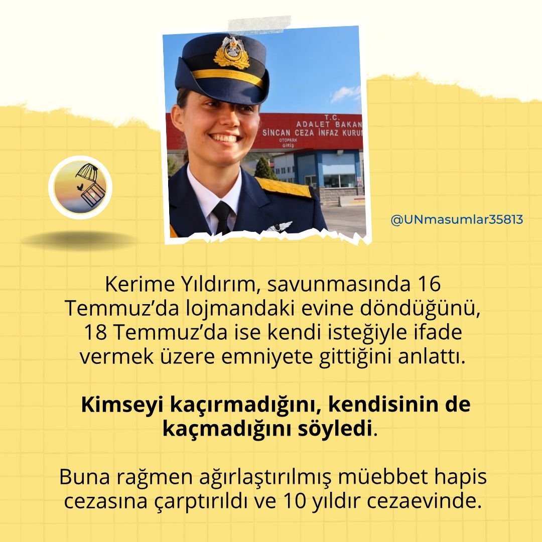 UNmasumlar35813's tweet photo. KHK'lı pilot Kerime Yıldırım, 15 Temmuz gecesi sıralı amirlerinin kendisine verdiği kurtarma görevlerini yerine getirdiği gerekçesiyle 10 yıldır cezaevinde.. Gerçek suçluların aksine, telefon ve görüş hakları da sınırlı. @ErtugrulGunay 

KerimeYıldırıma SesOl https://t.co/74t1xS1kyZ