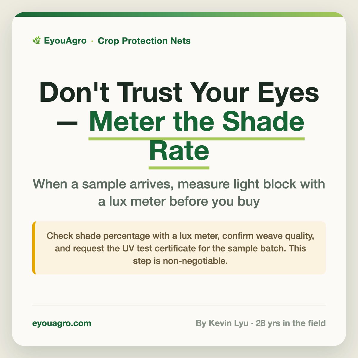 eyouagro's tweet photo. Don't eyeball a shade net sample — measure it with a lux meter. And demand the UV test certificate. 🌞

https://t.co/AdSfoaCbnZ

#shadenet https://t.co/dryVrOVKXq