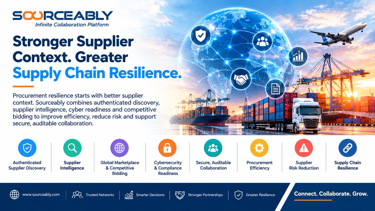 SOURCEABLYUSA's tweet photo. Procurement resilience starts with better supplier context. Sourceably combines authenticated discovery, supplier intelligence, cyber readiness and competitive bidding to improve efficiency, reduce risk and support secure, auditable collaboration.

#Sourceably #Procurement https://t.co/l8KmxeL776