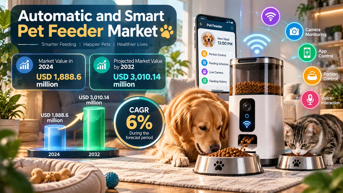 CredenceResearc's tweet photo. Automatic and Smart Pet Feeder Market was valued at USD 1,888.6 million in 2024 and is projected to reach USD 3,010.14 million by 2032, expanding at a CAGR of 6% during the forecast period. https://t.co/z1usl5rWlP
#AutomaticPetFeeder #SmartPetFeeder #PetTech #PetCare https://t.co/gNFJt1oLEh