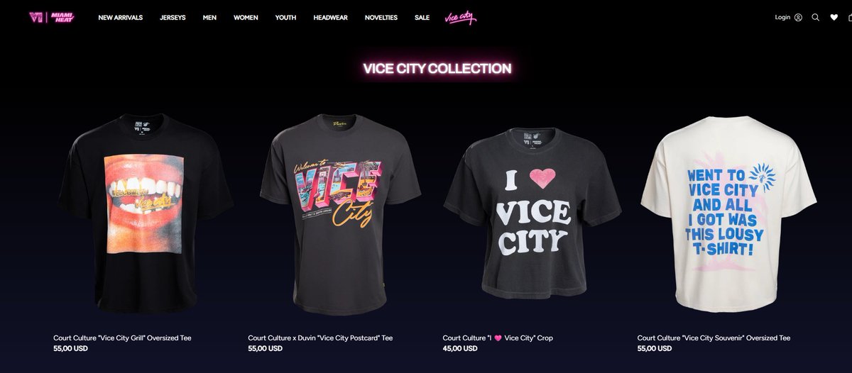 thematrek's tweet photo. MIAMI HEAT JUST DROPPED A “VICE CITY” COLLECTION. 👀

Official Miami HEAT merch.

The collection features Vice City branding across jerseys, hats, shirts and more.

Is it GTA VI?

No. there is no official confirmation that this is GTA merch.

But the timing…

The Vice City branding…

And Rockstar being behind GTA VI…

Yeah, the hopium is starting. 😭🔥
