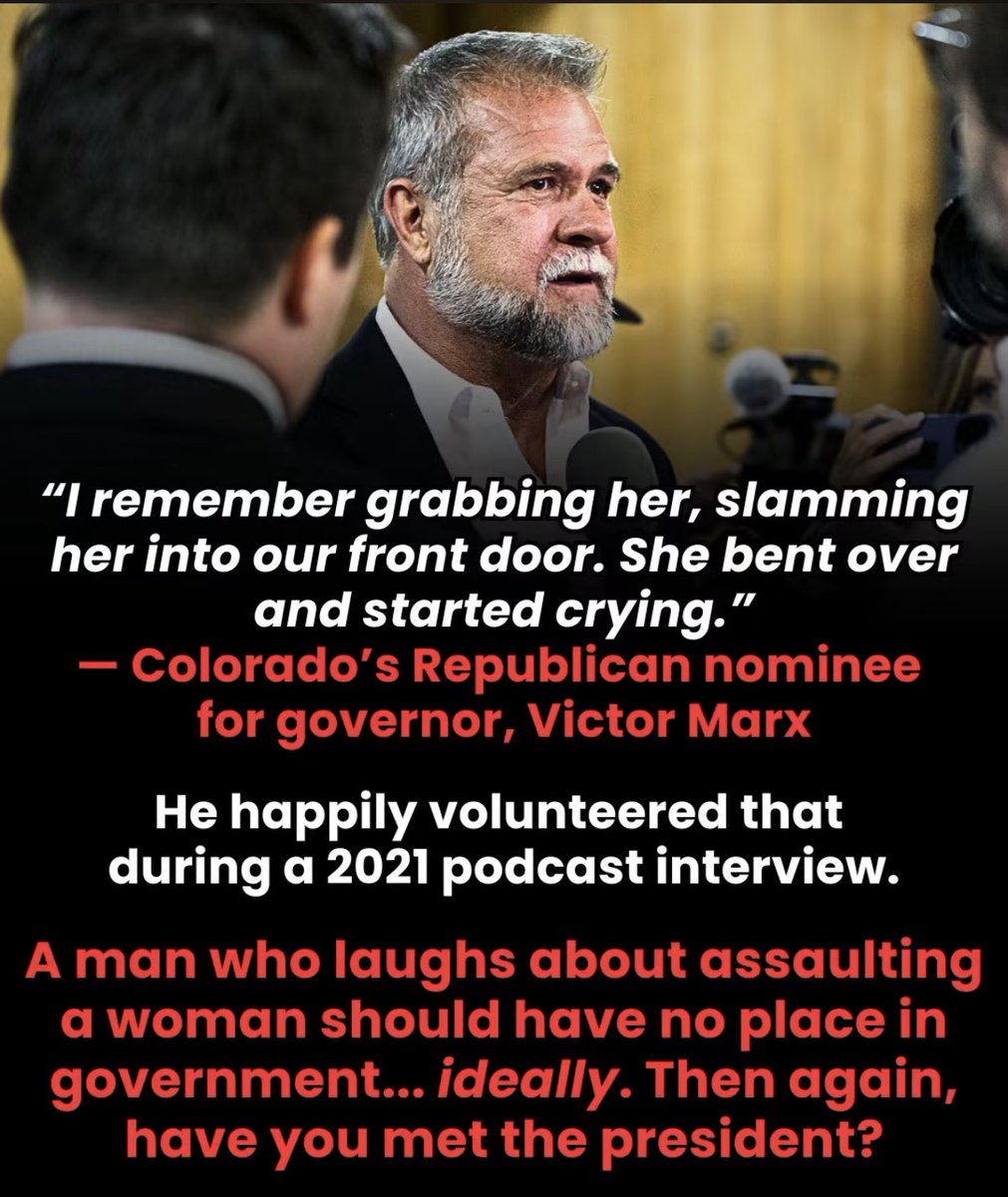 AnnieForTruth's tweet photo. Victor Marx, Republican gubernatorial candidate for Colorado, should NEVER hold a public office. He’s a violent man who admitted to pulling his wife’s hair &amp; slamming her into their front door. Do not vote for this violent loser. Vote for Phil Weiser (D) who is the current AG! https://t.co/84SXkwO7OG