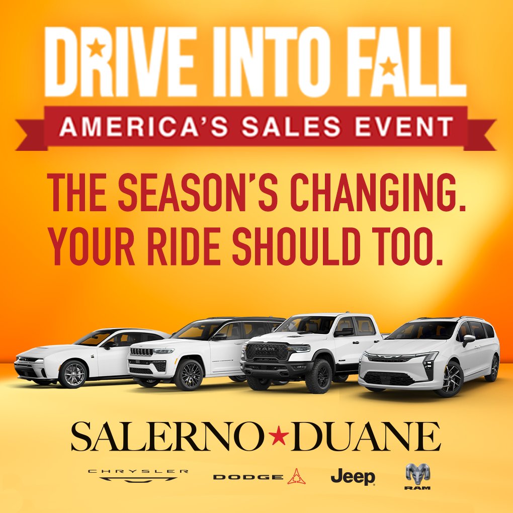 SDSummitJeep's tweet photo. ๐๐ Drive Into Fall Americaโs Sales Event! Amazing offers are waiting at Salerno Duane, including 0% APR on select new vehicles! ๐ฅ The seasonโs changingโyour ride should too! ๐๐ #SalernoDuane #DriveIntoFall #0APR #SummitNJ https://t.co/4OKnxZgiyI