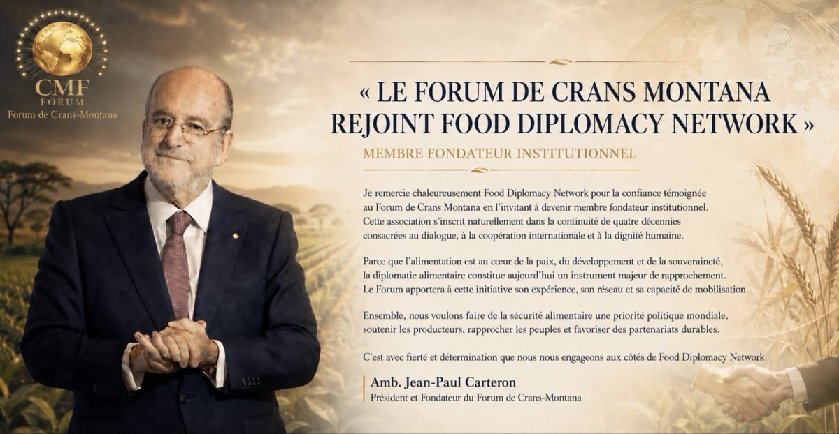 CransMontanaF's tweet photo. The @CransMontanaF is delighted to announce the active participation of the #FoodDiplomacy Network and its Founder Mr. #Fotiou at its forthcoming exceptional session to take place in Brussels on February 19-13, 2027 https://t.co/9NyawMSEwl