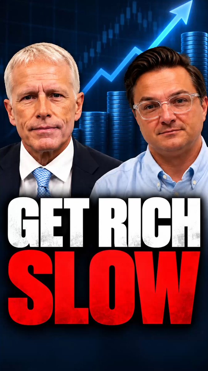 A YouTube-style image with the bold text 'GET RICH SLOW' featuring two men in business attire against a backdrop of stacked coins and an upward-trending chart with a candlestick graph.