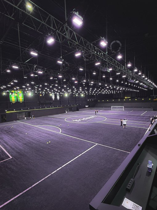 An indoor turf soccer facility bathed in purple lighting displays white field markings and the "TOCA" logo at center pitch, with a small group of players practicing near the goal. The professional training venue sets the scene for the draft excitement, as TOCA Football is known for its draft-style player evaluations and competitive indoor leagues.
