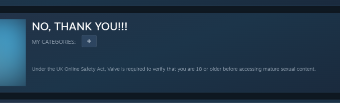 DevilGraves666's tweet photo. uk online safety act is the stupidest thing ive ever seen and steam's implementation is ridiculous. i can play sexually explicit games i already own, i can look at rated 18 VIOLENT games with gore, but i MUST be protected from a video game where men have sex w each other! https://t.co/xXJoOqGNlb