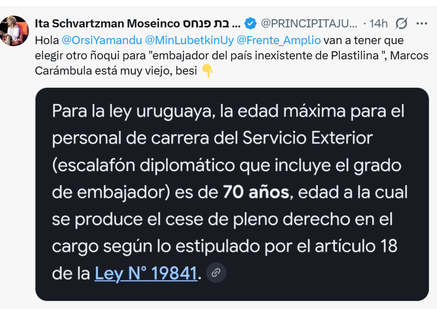 Gonzalo_Daniel3's tweet photo. Jaja, designan a Marcos Carambula, de 79 años como embajador en Palestina. Pero por ley solo se puede estar en el Servicio Exterior hasta los 70 años.
Total desconocimiento de las leyes.
Tendrán que elegir otro parásito para el cargo, o mejor aun, eliminen el cargo y nos ahorramos unos pesos.