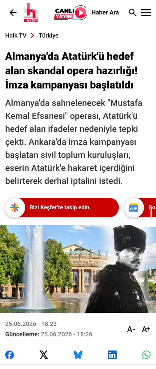 dailygurbetist's tweet photo. Tekrardan paylaşım yapalım arkadaşlar ve bu meseleyi unutmayalım sakın.

Tarih yaklaşıyor arkadaşlar. Bu meseleyi asla göz ardı etmeyelim.

Söz konusu Türkiye Cumhuriyeti’nin kurucusu Gazi Mustafa Kemal Atatürk hakkında yapılan asılsız iddialar...

Kafalarına göre tarih yazıp iftiralarda bulunmamaları icin tepkimizi buyutelim anlatalım yayalım.

Paradox meselesinde İsveçli şirkete nasıl ders verdiysek, bu meselede Stuttgart Devlet Operası’na da ders verelim.

Sınırı koymazsak bugün bir Alman Opera kurumu operasyonu yapar, yarın başka bir ülkenin başka kurumları bunu yapmaya kalkar. Buradaki Türklerin halledeceği bir şey değil. Konu direkt Türkiye’yi ilgilendiriyor.

O kadar bu olayı duyurmaya çalışıyoruz; birkaç kişi haricinde hem Almanya’dan hem Türkiye’den pek reaksiyon veren yok. Diğer ülkelerde yaşayan Türklerden de pek reaksiyon yok.

Buradaki diaspora aynı Türkiye’deki gibi kutuplaşıp yozlaştı.

Bize yardım olun, olayı gündem edip bu skandal olayı hep beraber durduralım...

#AtatürkKırmızıÇizgimizdir #atatürk #Türkiye #TürkiyeCumhuriyeti #NeMutluTürkümDiyene #Stuttgart
#Almanya