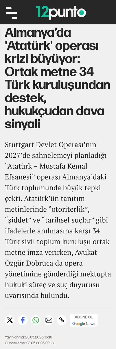 dailygurbetist's tweet photo. Tekrardan paylaşım yapalım arkadaşlar ve bu meseleyi unutmayalım sakın.

Tarih yaklaşıyor arkadaşlar. Bu meseleyi asla göz ardı etmeyelim.

Söz konusu Türkiye Cumhuriyeti’nin kurucusu Gazi Mustafa Kemal Atatürk hakkında yapılan asılsız iddialar...

Kafalarına göre tarih yazıp iftiralarda bulunmamaları icin tepkimizi buyutelim anlatalım yayalım.

Paradox meselesinde İsveçli şirkete nasıl ders verdiysek, bu meselede Stuttgart Devlet Operası’na da ders verelim.

Sınırı koymazsak bugün bir Alman Opera kurumu operasyonu yapar, yarın başka bir ülkenin başka kurumları bunu yapmaya kalkar. Buradaki Türklerin halledeceği bir şey değil. Konu direkt Türkiye’yi ilgilendiriyor.

O kadar bu olayı duyurmaya çalışıyoruz; birkaç kişi haricinde hem Almanya’dan hem Türkiye’den pek reaksiyon veren yok. Diğer ülkelerde yaşayan Türklerden de pek reaksiyon yok.

Buradaki diaspora aynı Türkiye’deki gibi kutuplaşıp yozlaştı.

Bize yardım olun, olayı gündem edip bu skandal olayı hep beraber durduralım...

#AtatürkKırmızıÇizgimizdir #atatürk #Türkiye #TürkiyeCumhuriyeti #NeMutluTürkümDiyene #Stuttgart
#Almanya