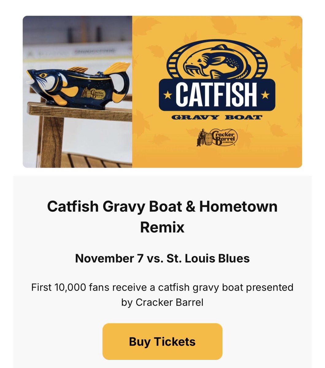 whoisnickperry's tweet photo. This @PredsNHL x @CrackerBarrel gravy boat giveaway may be the greatest promotion ever https://t.co/5OyeqMb9Yv